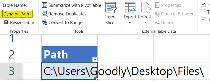 File Path converted to a table